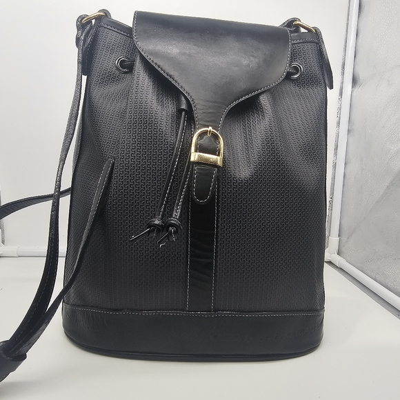 CHARLES JOURDAN Vintage Coated Canvas Black Leather Drawstring Bucket Bag - Picture 4 of 15